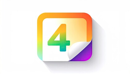 A vibrant, rainbow-hued square sticker featuring a large, stylized number four, with a peeled corner revealing a purple underside and a long shadow