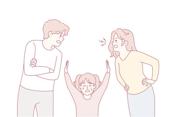 Unhappy little kid suffer from parents arguing. Small child struggle with mom and dad fighting. Domestic violence effect on children. Vector illustration.