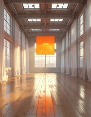 Sunlit loft interior with large orange square artwork hanging centrally,  wooden floors reflecting light, sheer curtains framing expansive windows