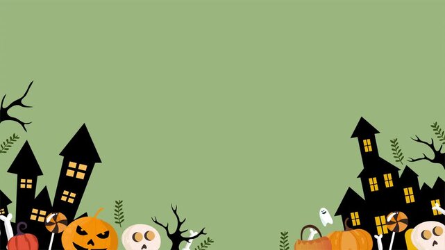 Haunted house with pumpkins ghosts skulls halloween spooky green background