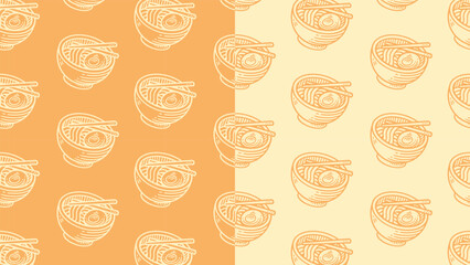 Ramen noodle bowl line art seamless pattern on orange background for food merchandise. Japanese udon engraving doodle pattern background. Asian ramen cuisine hatching motif for restaurant and culinary