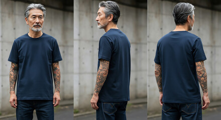 Senior Male Model in Navy Blue T-shirt Mockup Multi-Angle Outdoor Shoot