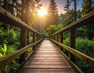 Wooden Footbridge in Lush Green Forest at Sunset