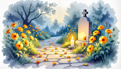 Peaceful cemetery path with flowers and candle in sunset light  