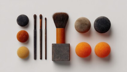 Dust-covered makeup brushes and textured spheres arranged symmetrically on a white background