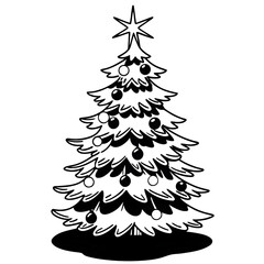 Minimalist Line Art Christmas Tree with Ornaments and Star Vector White, Festive Holiday Tree Outline Illustration, Simple Christmas Tree Clipart, Winter Celebration Drawing