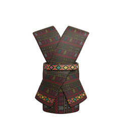 3D of traditional cultural clothing with black fabric decorated with red and yellow woven motifs, isolated on white background, ethnic costume.
