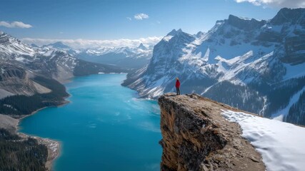 A person stands on a rocky ledge, gazing at the turquoise waters of a lake surrounded by towering snow-capped mountains. The landscape showcases the beauty of nature - Powered by Adobe