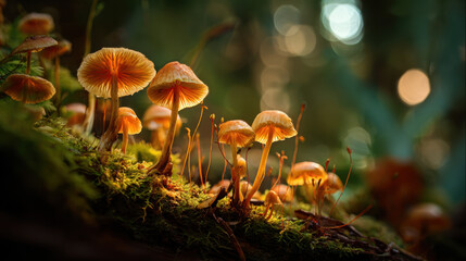 Mushrooms growing on a mossy log illuminated by soft bokeh background creating a magical forest atmosphere with warm glowing light and rich textures in nature.