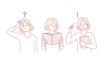 Confused woman have question head, read book and get answer. Smart girl looking for solution in book. Knowledge and education. Vector illustration.