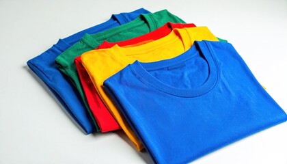 Colorful folded tshirts on white background with clothing concept.