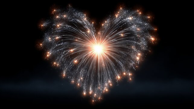 Heart shaped firework bursting in the night sky with sparkling trails and blank corner copy space perfect for Valentine romance wedding proposal greeting card and festive celebration visuals