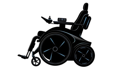 A modern electric wheelchair with sleek black design and futuristic blue glowing accents, representing advanced mobility and accessibility.