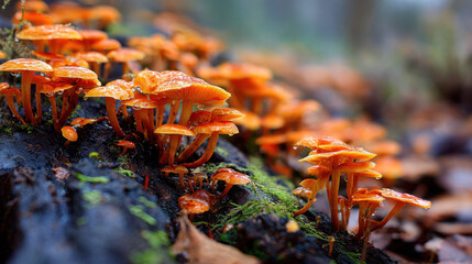 Vibrant orange mushrooms growing on a mossy log amidst fallen leaves in a forest setting with soft natural light highlighting the details of the fungi.