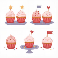 Homemade cupcakes with paper toppers on decorative plates  