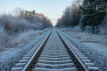 Fototapeta premium railway track covered with frost in winter forest