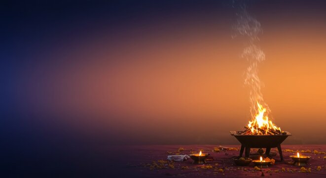 Homam Ritual banner background, sacred fire on spiritual gradient 