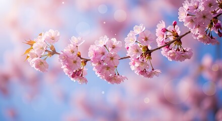 Beautiful cherry blossom flowers blooming on tree branches with soft sunlight and natural background. Symbol of spring, beauty, and renewal. Perfect for nature, seasonal,