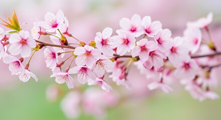 Naklejka premium Beautiful cherry blossom flowers blooming on tree branches with soft sunlight and natural background. Symbol of spring, beauty, and renewal. Perfect for nature, seasonal,