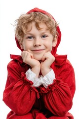Smiling boy in red hooded costume; ideal for websites, cards, and publications.