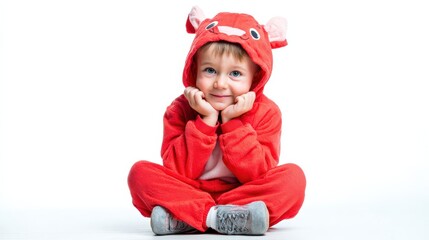 Adorable toddler boy in red animal costume, sitting on white background. Perfect for children's products, cards, and websites.