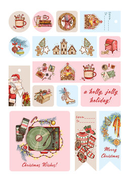 Christmas activities clip art. Christmas stickers and badges ilustrations. Hand drawn Christmas clip art. Christmas check list.