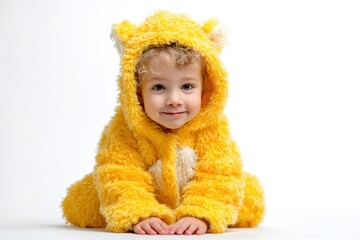 Happy toddler boy in a fluffy yellow costume. Ideal for websites, cards, and advertising.