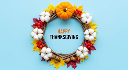 Happy Thanksgiving greeting with a festive autumn wreath made of cotton, pumpkin, and leaves on a blue background