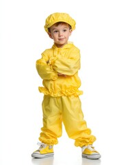 Adorable toddler boy in a yellow outfit, smiling. Ideal for kids fashion, spring/summer themes.