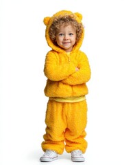 Happy toddler boy in a fluffy yellow costume, studio shot. Ideal for websites, advertising, and publications.