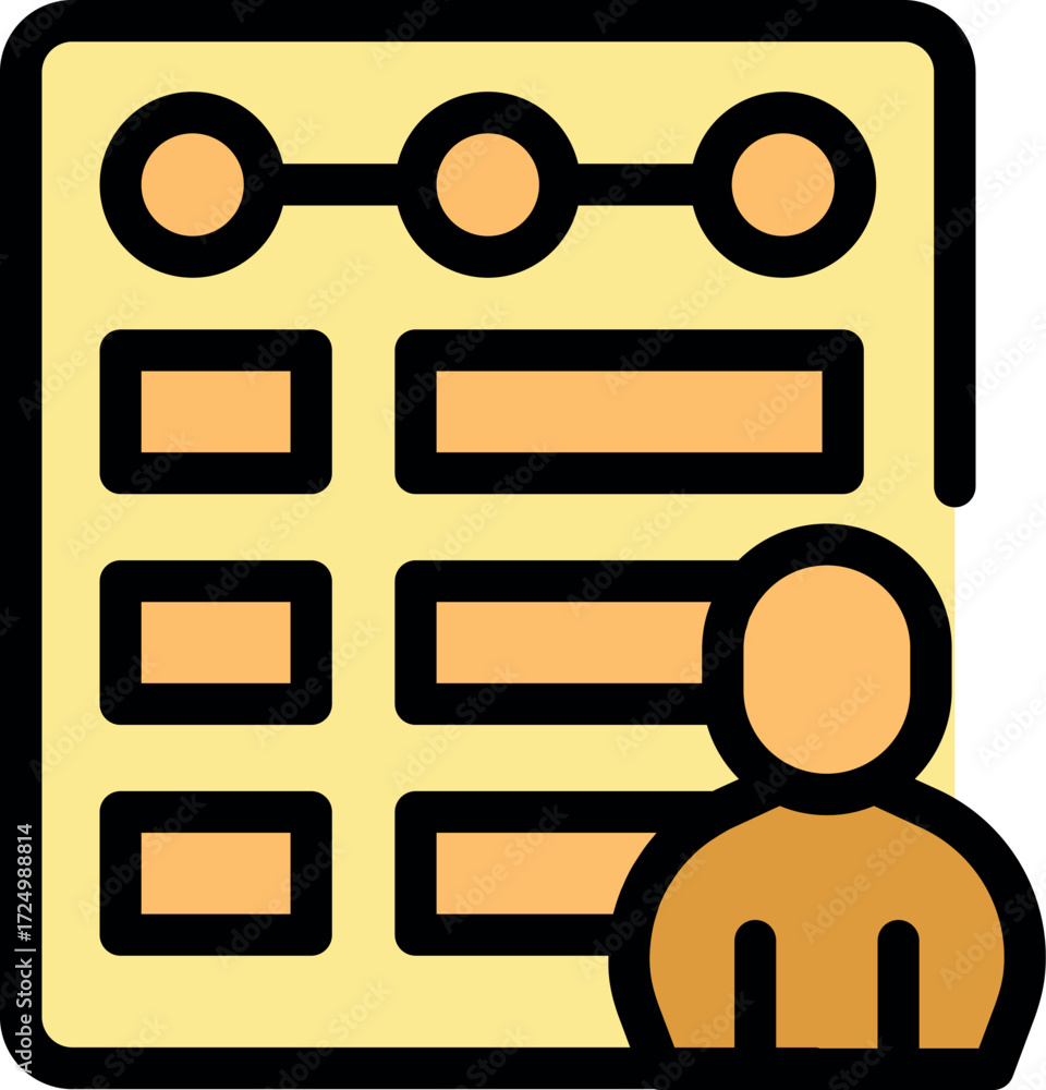 Poster project management process with planning and a manager following progress, steps and milestones