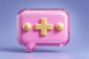 Obraz premium Bright pink rounded chat bubble icon with glossy texture featuring a golden plus sign symbolizing communication and enhancement in a digital context. captured with clarity