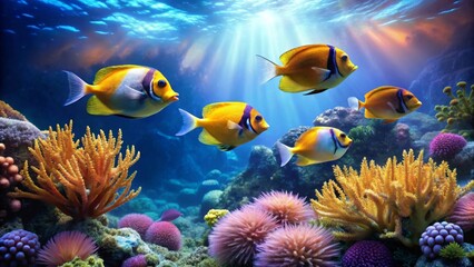 Obraz premium Vibrant Reef Fish Swimming Amidst Colorful Coral and Sea Anemones in Sunlit Ocean Depths