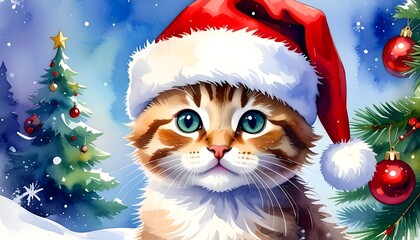 Cute kitten in Santa hat, Christmas scene