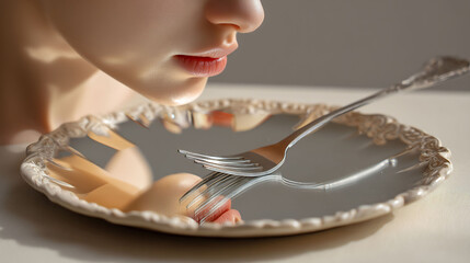 Eating Disorder symbolic conceptual photo of empty plate with distorted mirror reflection of body image symbolizing anorexia bulimia and unhealthy food psychology