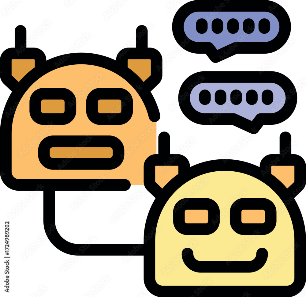Poster two friendly robots are exchanging messages, symbolizing communication and artificial intelligence