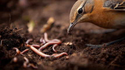 Bird  for food among earthworms in rich soil with a blurred background emphasizing natural environment and vibrant colors of nature's ecosystem.