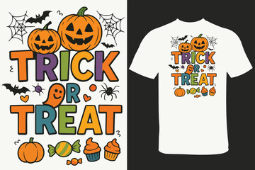 Festive Halloween T-Shirt Design Featuring Whimsical Pumpkins, Bats, and a "Trick or Treat" Slogan with Cute Illustrations for Spooky Season Apparel vector 
