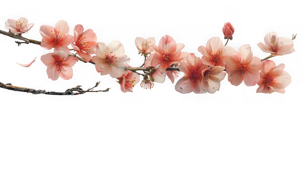 A delicate branch adorned with soft pink cherry blossoms, isolated on transparent background, symbolizing the arrival of spring and the beauty of nature