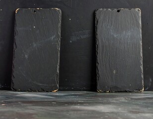 Two black slate placemats on dark background