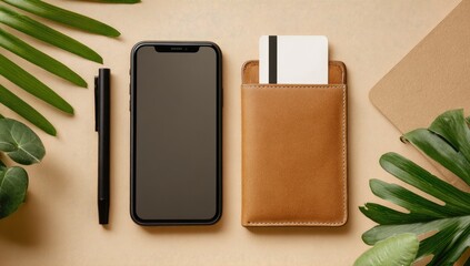 Flat lay of smartphone, wallet, and pen on beige surface with tropical foliage