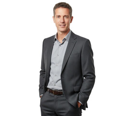 French male accountant standing casually with hands in pockets