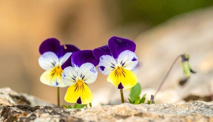 Trio of vibrant wildflowers emerge from rocky terrain
