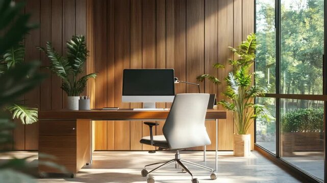 An ergonomically designed office chair set against a warm wooden wall, with natural light streaming in from the window and plants adding a touch of nature to the space.