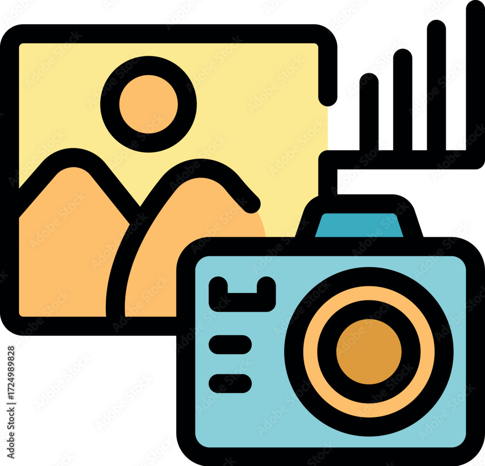 Poster digital camera is transferring landscape photo with signal graph, representing image processing and 