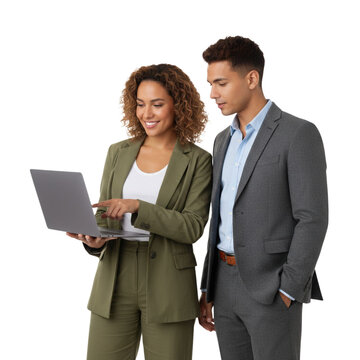 Two hispanic coworkers collaborating, the woman is pointing to data on laptop with man looking at screen together