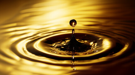 A droplet of a dark beverage creating a ripple, backlit with golden light.