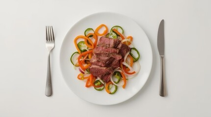 Sliced Steak and Peppers Appetizer on a White Plate