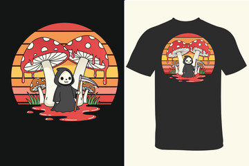 Whimsical Spooky Mushroom Grove Grim Reaper Retro Sunset Graphic T-shirt Design for Halloween Season Cute Death Character and Fungi in a Fun Playful Scene