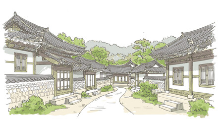 Hand-drawn illustration of a serene traditional Korean village street with classic architecture and lush nature
